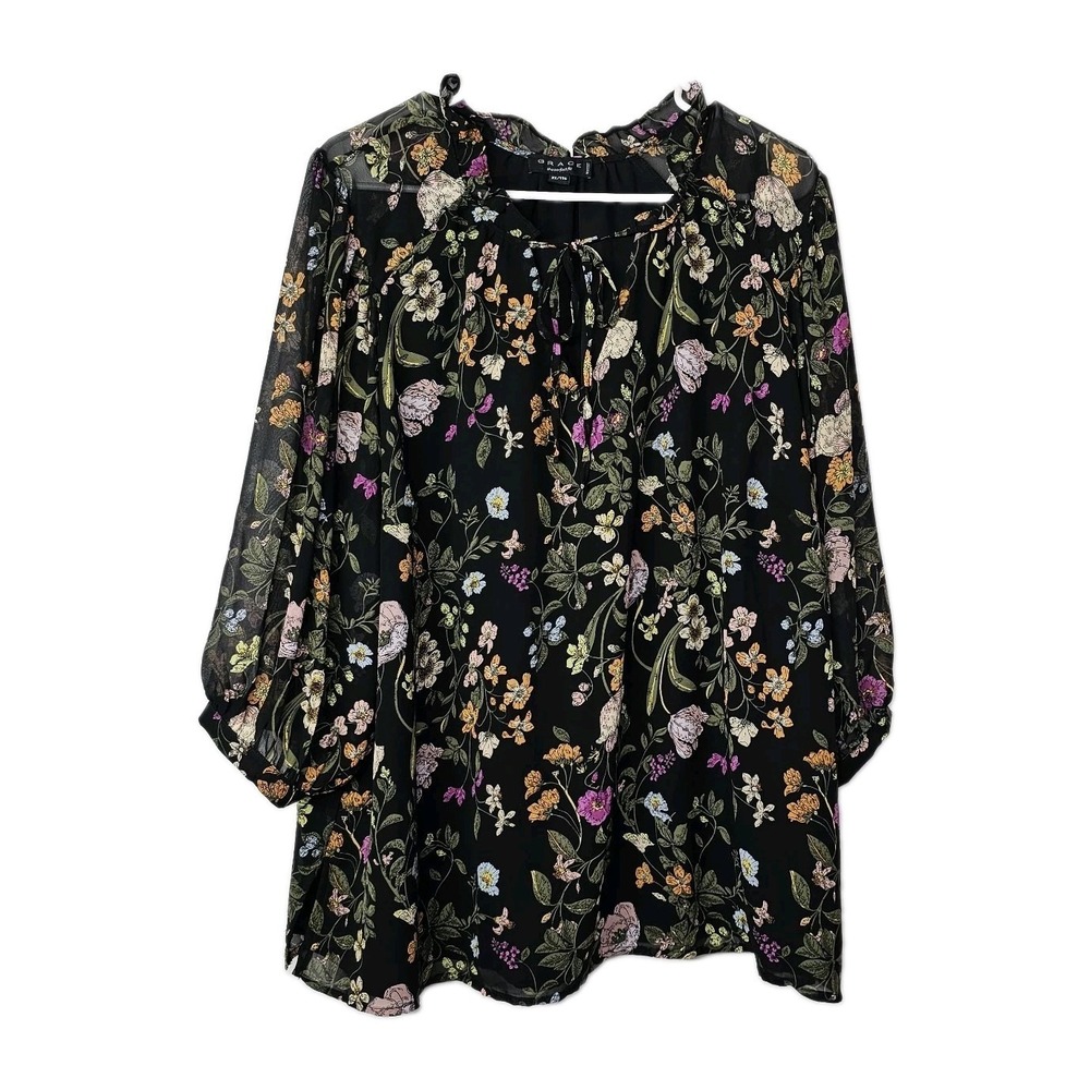 Grace Womens 2X Black Floral Flowy Top  3/4 Puff Sleeve Tie Neck Romantic Whimsy
